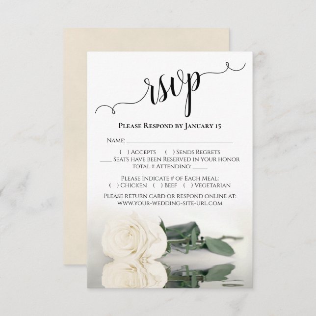Beautiful Reflecting Ivory or White Rose Wedding RSVP Karte (Vorne/Hinten)