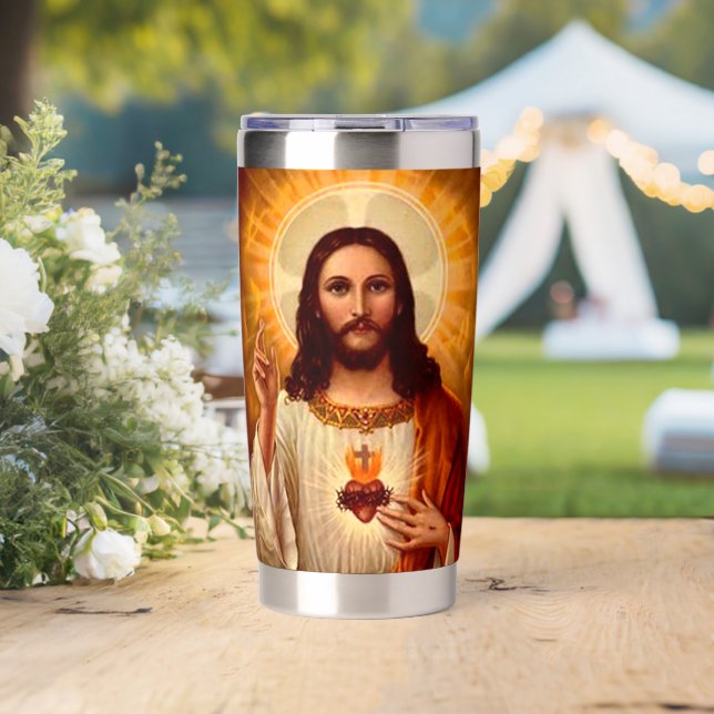 Beautiful religious Sacred Heart of Jesus image Thermobecher (Hochzeit (gedreht))