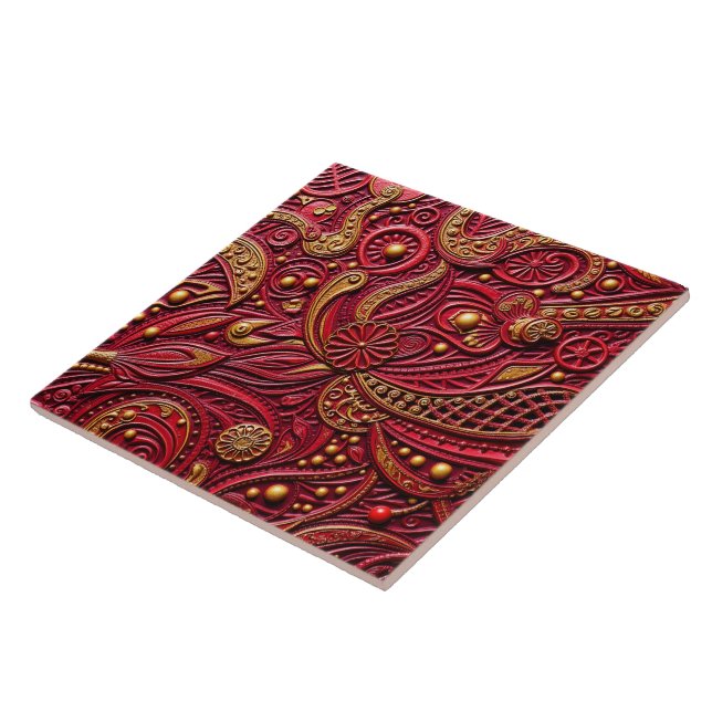 Beautiful Ruby Red & Gold Floral Abstract Fliese (Seite)