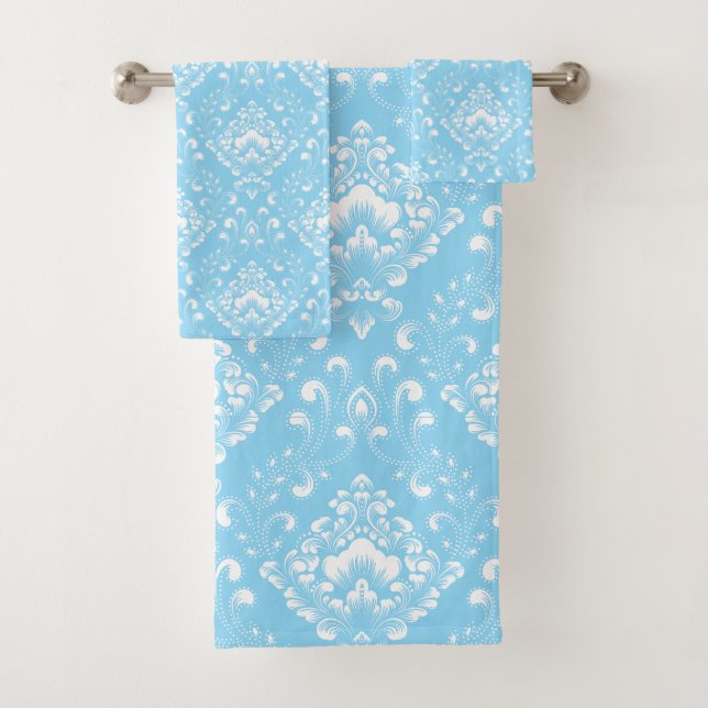 Beautiful sky blue and white floral pattern badhandtuch set (Insitu)