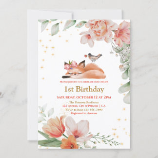 Beautiful Sleepy Fox Gold Glitzer 1. Geburtstag in Einladung