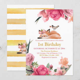 Beautiful Sleepy Fox und Blume 1. Geburtstag Einladung