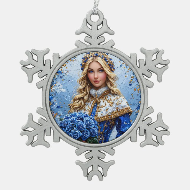 Beautiful Snow Maiden Schneeflocken Zinn-Ornament (Vorderseite)