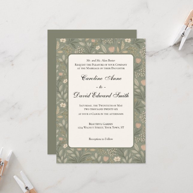 Beautiful Soft Flowers on Sage Green Muted Earthy Einladung (Vorderseite/Rückseite Beispiel)