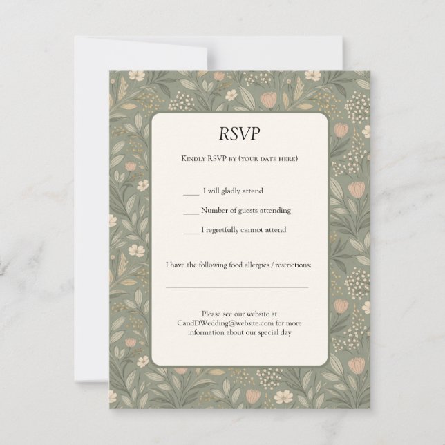 Beautiful Soft Flowers on Sage Green Muted Earthy RSVP Karte (Vorderseite)