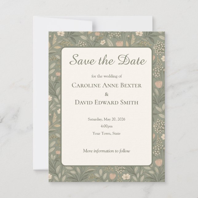 Beautiful Soft Flowers on Sage Green Muted Earthy Save The Date (Vorderseite)