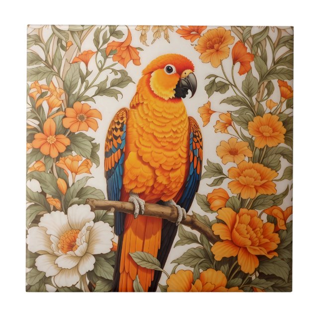 Beautiful Sun Conure William Morris Inspired Fliese (Vorderseite)