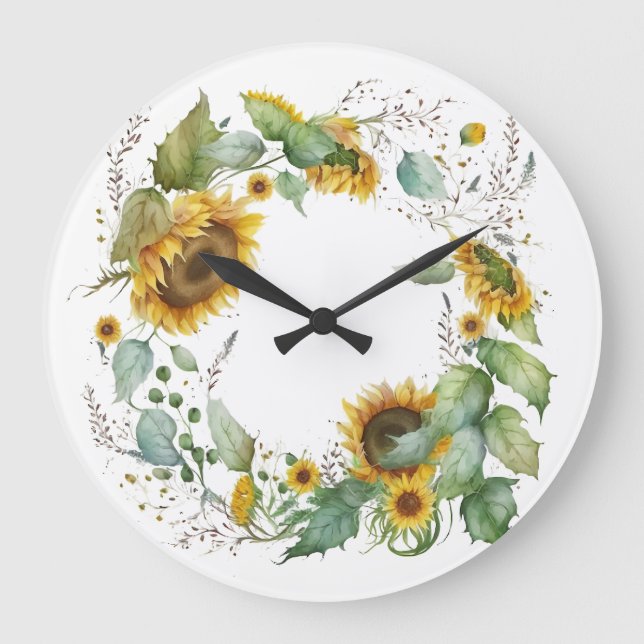 Beautiful Sunflower Wreath Illustration Große Wanduhr (Vorderseite)