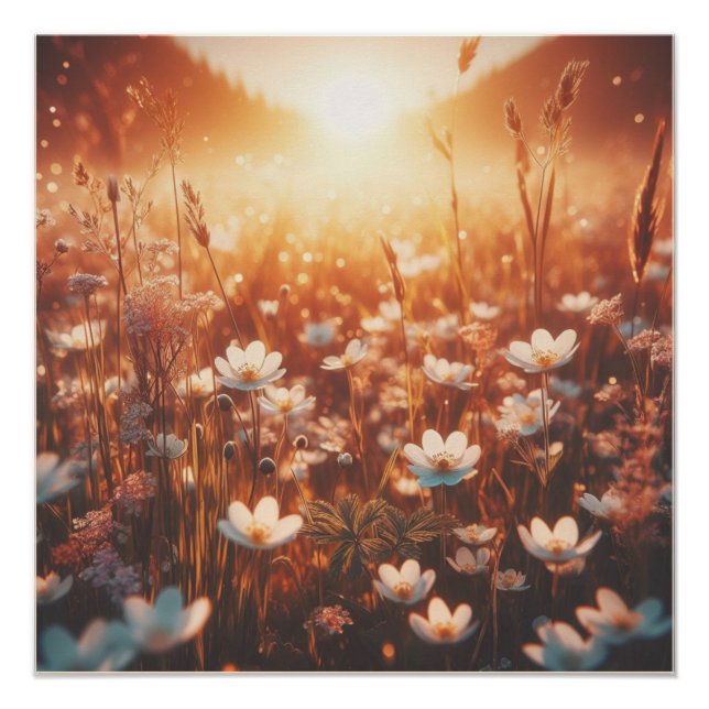 Beautiful Sunrise Spring Meadow White Wildflowers  Poster (Vorderseite)
