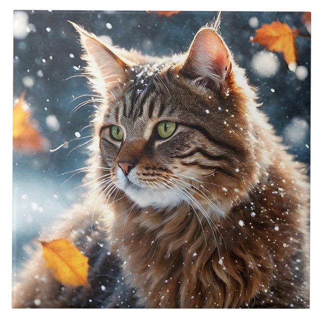 Beautiful Tabby Cat Herbstlaubs Portrait Fliese (Vorderseite)