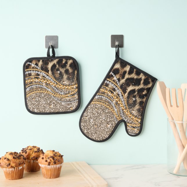 Beautiful Trendy Leopard Imitate Animal Print Ofenhandschuh & Topflappen-Set (Insitu (Hängend))