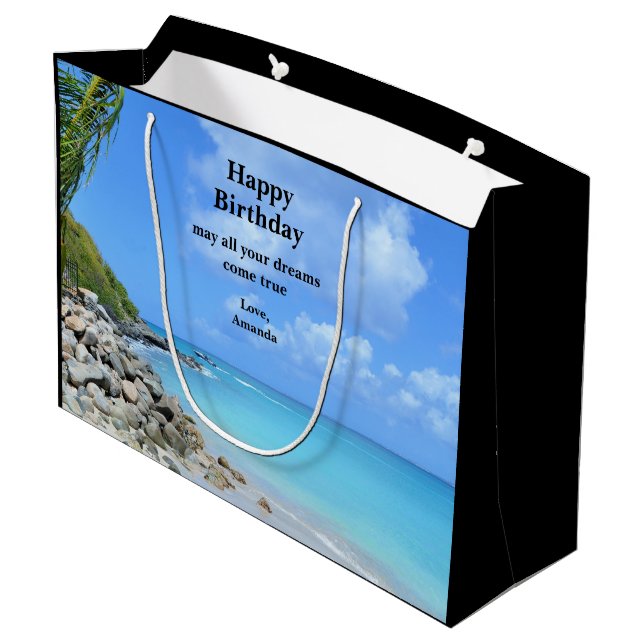 Beautiful Turquoise Tropical Beach Birthday Große Geschenktüte (Rückseite Schrägansicht)