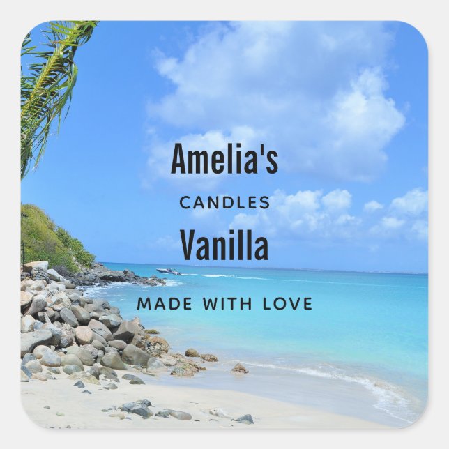 Beautiful Turquoise Tropical Beach Candle Business Quadratischer Aufkleber (Vorderseite)