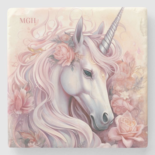 Beautiful Unicorn Custom Monogram Steinuntersetzer (Vorderseite)