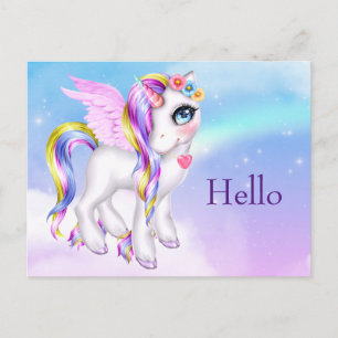 Beautiful Unicorn mit Rainbow Mane & Schwanz Hallo Postkarte