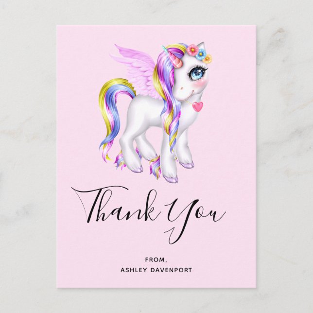 Beautiful Unicorn mit Rainbow Mane Vielen Dank Postkarte (Vorderseite)