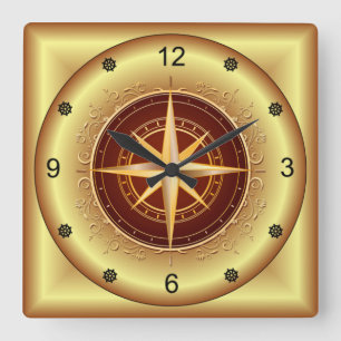 Beautiful Unique Gold & Maroon Compass ~ Quadratische Wanduhr