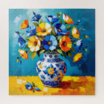 Beautiful Vase of Flowers Puzzle<br><div class="desc">Beautiful puzzle to bring you hours of fun with a beautiful impasto style ai illustration of blue and orange flowers in a fancy vase.</div>