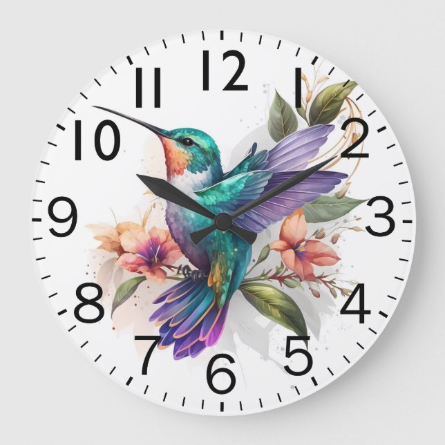 Beautiful Vibrant Watercolor Hummingbird Print Große Wanduhr (Vorderseite)