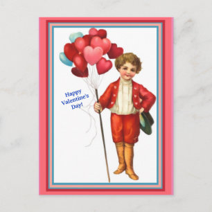 Beautiful Vintag Valentine Boy Wi/Heart Balloons Postkarte
