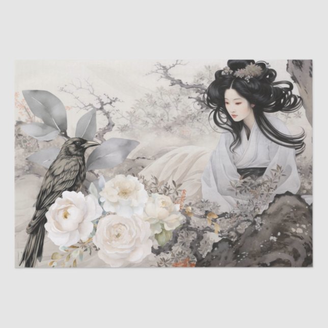 Beautiful Vintage Asian & Black Raven Seidenpapier (Vorderseite)