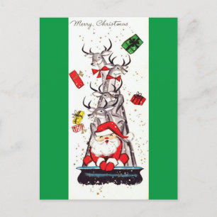 Beautiful Vintage Mid Century Santa & Reindeer Feiertagspostkarte