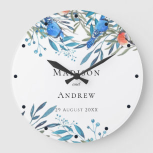 Beautiful Watercolor Birds and Foliage Wedding Große Wanduhr