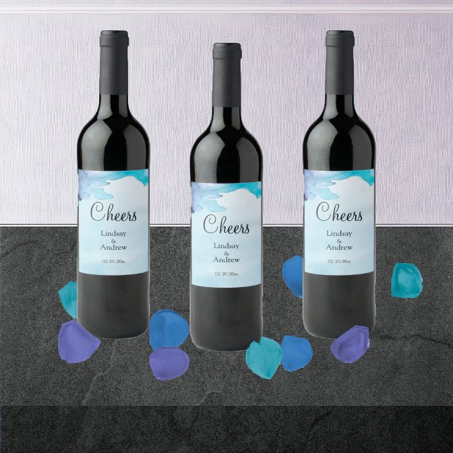 Beautiful Watercolor Blue and Cyan Wine Label Weinetikett (Von Creator hochgeladen)