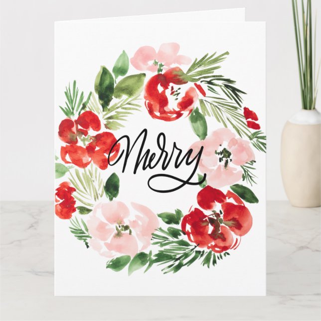 Beautiful Watercolor Christmas wreath Merry Karte (Vorderseite)