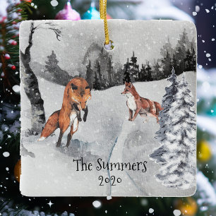 Beautiful Watercolor Fox and Snow landscape custom Keramikornament