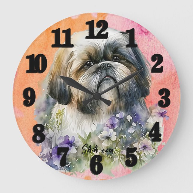 Beautiful Watercolor Shih tzu Dog Große Wanduhr (Vorderseite)