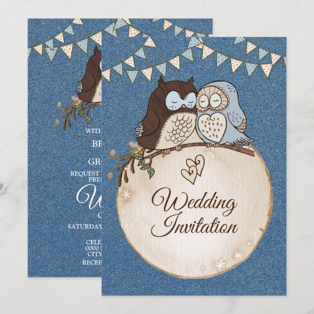 Beautiful Wedding Blue Brown Owl Glitter Einladung (Vorne/Hinten)