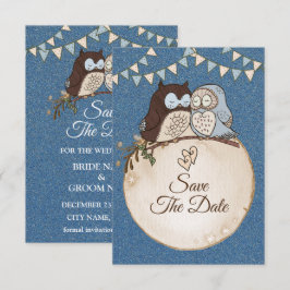 Beautiful Wedding Blue Brown Owl Glitter Save The Date
