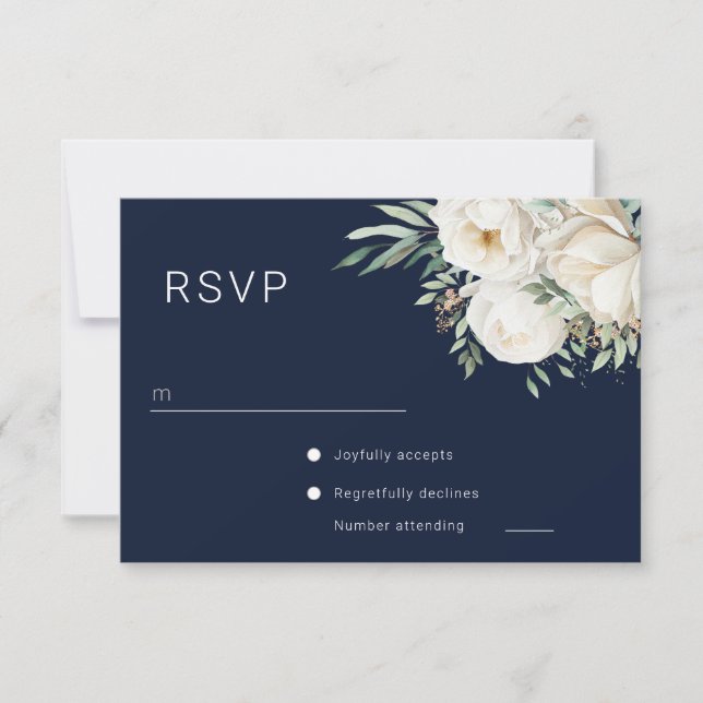 Beautiful White Floral Navy Wedding RSVP Karte (Vorderseite)