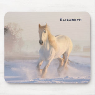 Beautiful White Horse Galloping in the Snow Mousepad