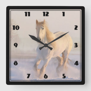 Beautiful White Horse in the Snow Photo Quadratische Wanduhr