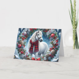 Beautiful White Horse Wearing Plaid Scarf Feiertagskarte