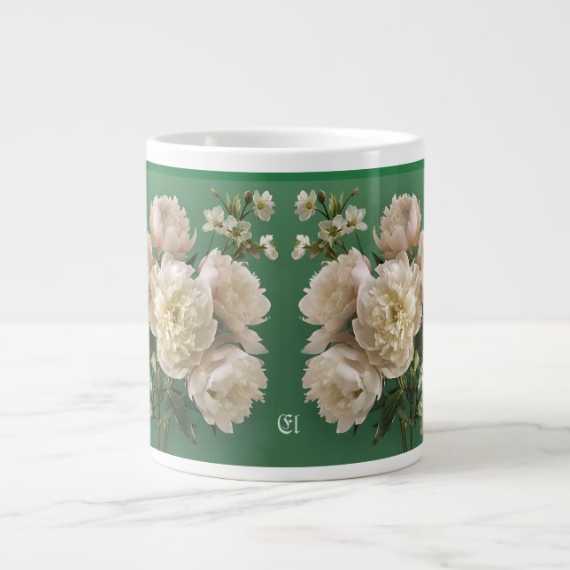 Beautiful White & Pink Peonies Name Monogram Jumbo-Tasse (Vorderseite)
