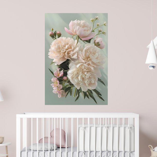 Beautiful White & Pink Peonies On Green Background Poster (Kinderzimmer 2)
