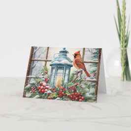 Beautiful Winter Cardinal with Lantern Christmas Feiertagskarte