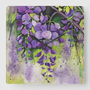 Beautiful Wisteria Flowers In Watercolor  Quadratische Wanduhr