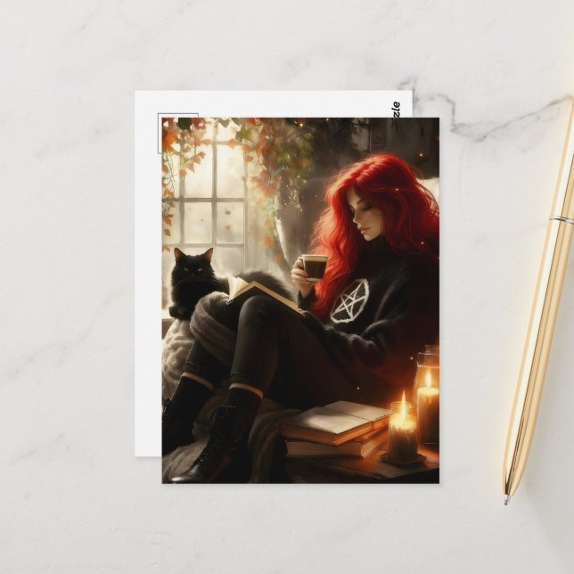 beautiful witch and cat enjoying tea and a book postkarte (Vorderseite/Rückseite Beispiel)