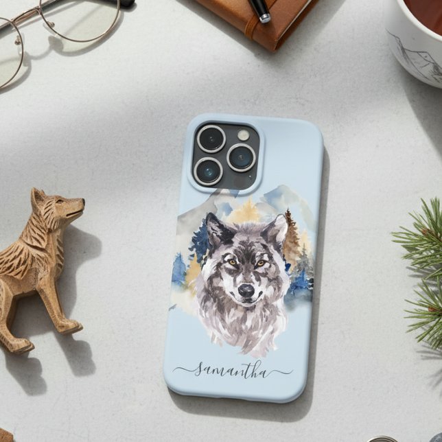 Beautiful Wolf Head Watercolor Forest Monogram Case-Mate iPhone Hülle (Von Creator hochgeladen)