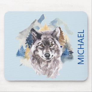 Beautiful Wolf Head Watercolor Forest Name Option Mousepad