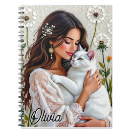 Beautiful Woman, Cat and Dandelions Personalized Notizblock