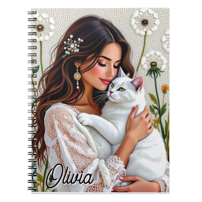 Beautiful Woman, Cat and Dandelions Personalized Notizblock (Vorderseite)