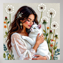 Beautiful Woman, Cat and Dandelions Poster