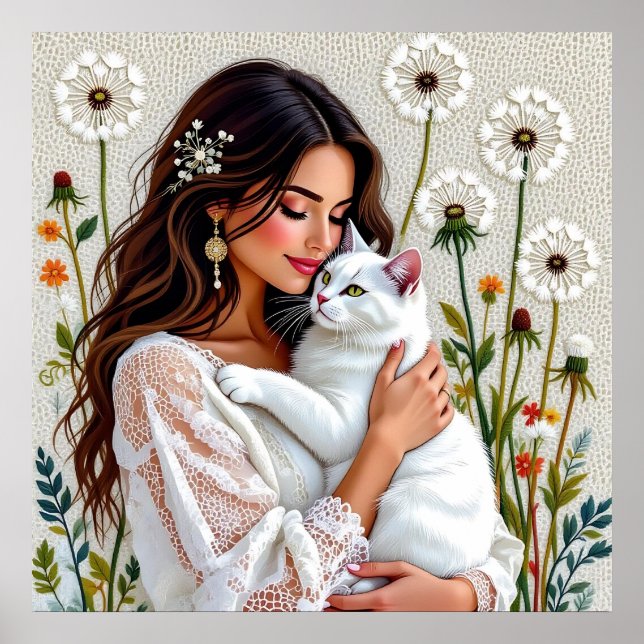 Beautiful Woman, Cat and Dandelions Poster (Vorne)