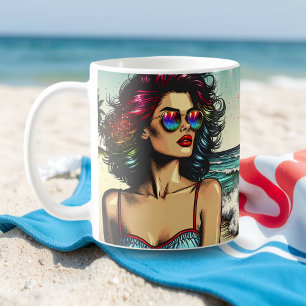 Beautiful Woman on Beach Comic Book Pop Art Kaffeetasse