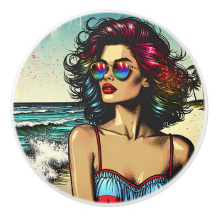 Beautiful Woman on Beach Comic Book Pop Art Keramikknauf